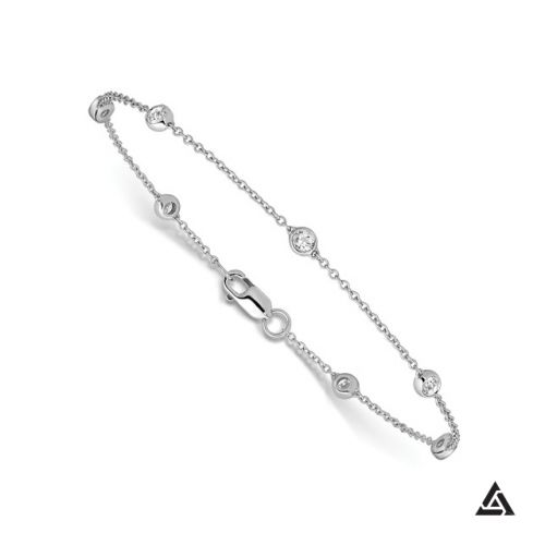 Bezel Set Diamond Station Rolo Chain Bracelet, 14k White Gold