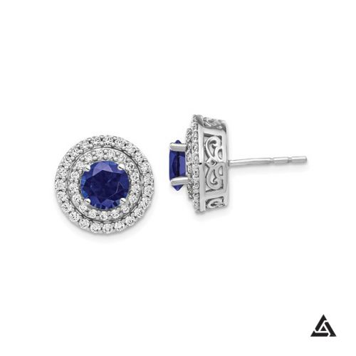 Blue Sapphire  and Diamond Double Halo Earrings