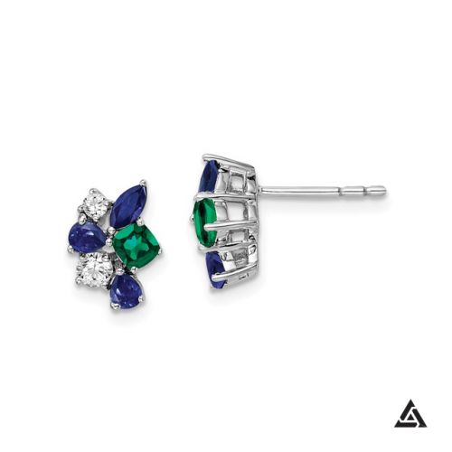 Diamond, Blue Sapphires and Emerald Fashion Earrings