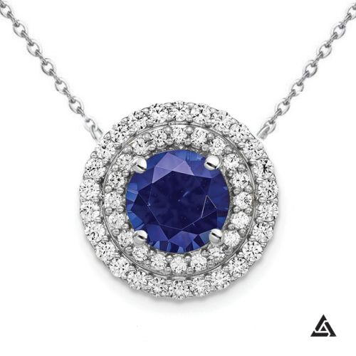 Royal Blue Sapphire with Diamond Double Halo Pendant